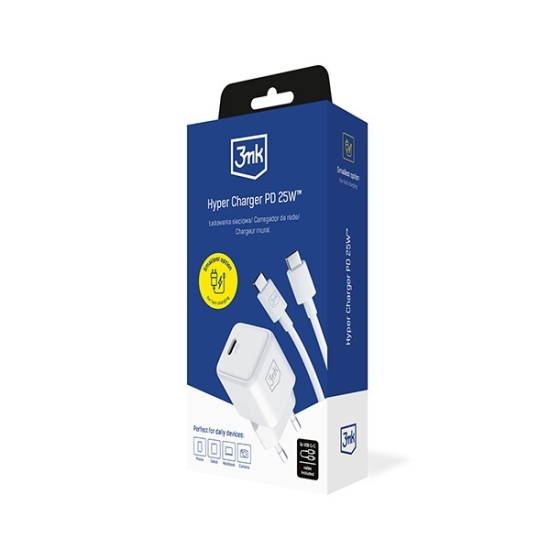 Ładowarka sieciowa 3MK Hyper Charger PD 25W biała/white + kabel USB-C / USB-C