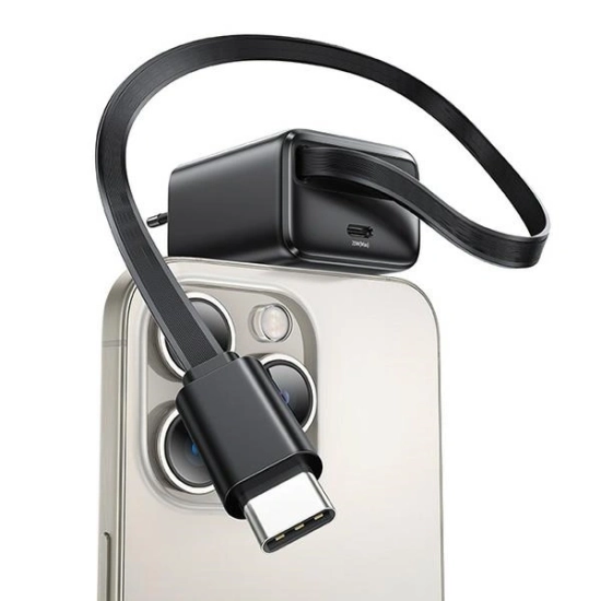 Ładowarka sieciowa USAMS USB-C + zwijany kabel USB-C PD+QC 20W Gan Fast Charging czarny YC Series