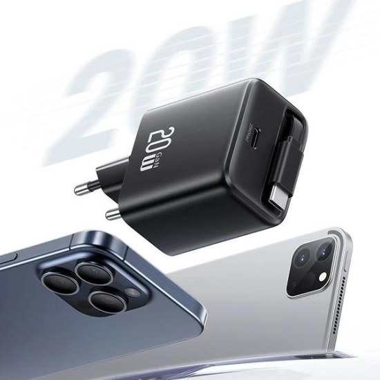 Ładowarka sieciowa USAMS USB-C + zwijany kabel USB-C PD+QC 20W Gan Fast Charging czarny YC Series