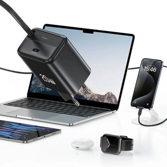 Ładowarka sieciowa USAMS USB-C + zwijany kabel USB-C PD+QC 20W Gan Fast Charging czarny YC Series