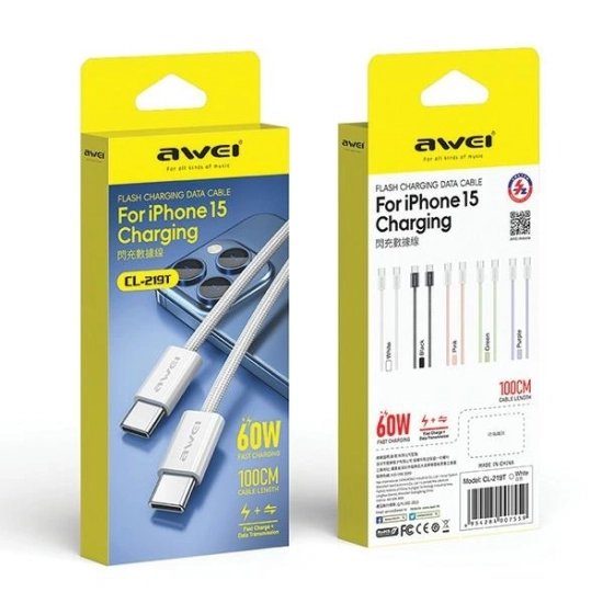 Kabel AWEI CL-219T USB-C / USB-C 60W 1m kompatybilny z iPhone 15 czarny