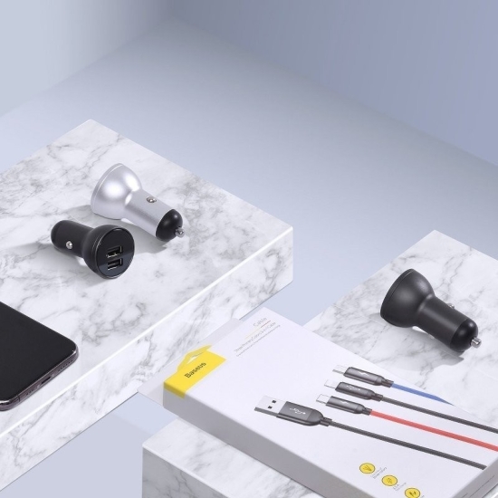 Ładowarka samochodowa Baseus z wyświetlaczem 24W + kabel USB 3w1 Baseus Three Primary Colors 1,2m