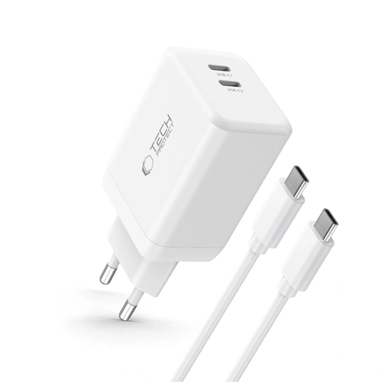 Ładowarka sieciowa Tech-Protect NC45W-GAN 2xUSB-C Network Charger PD45W + USB-C Cable White
