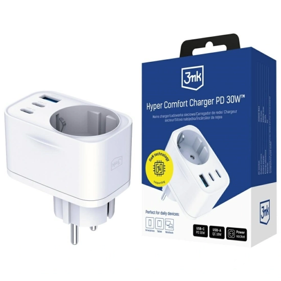 Adapter sieciowy 3MK Hyper Comfort Charger 30W AC, USB-A, 2xUSB-C PD QC3.0 biały