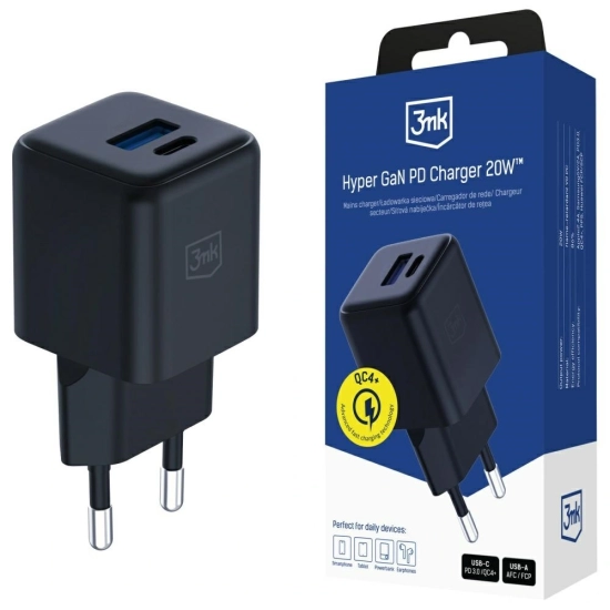 Ładowarka sieciowa 3MK Hyper GaN Charger 20W USB-A, USB-C PD QC4+ czarny