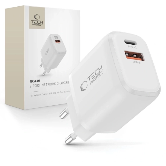 Ładowarka sieciowa Tech-Protect NCA30 USB-A, USB-C Network Charger PD 30W / QC3.0 White