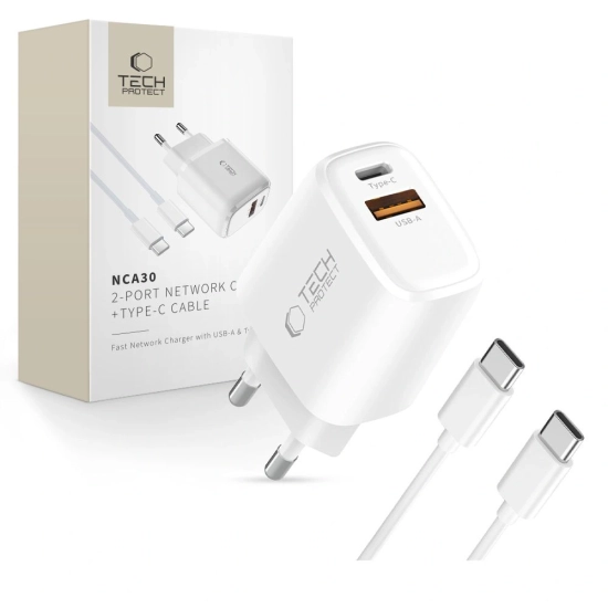 Ładowarka sieciowa Tech-Protect NCA30 USB-A, USB-C Network Charger PD 30W / QC3.0 + USB-C Cable White
