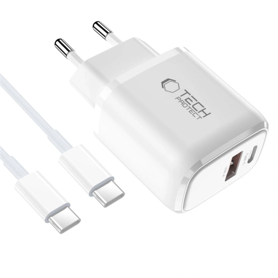 Ładowarka sieciowa Tech-Protect NCA20 USB-A, USB-C Network Charger PD 20W / QC3.0 + USB-C Cable White