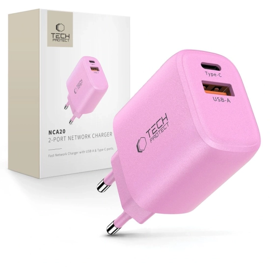 Ładowarka sieciowa Tech-Protect NCA20 USB-A, USB-C Network Charger PD 20W / QC3.0 Baby Pink