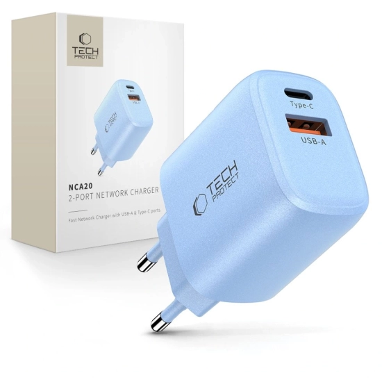 Ładowarka sieciowa Tech-Protect NCA20 USB-A, USB-C Network Charger PD 20W / QC3.0 Baby Blue