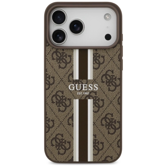Etui Guess 4G Printed Stripes MagSafe do Apple iPhone 17 Pro Max brązowy