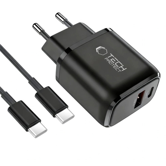 Ładowarka sieciowa Tech-Protect NCA45W-GAN USB-A, USB-C Network Charger PD 45W / QC3.0 + USB-C Cable Black