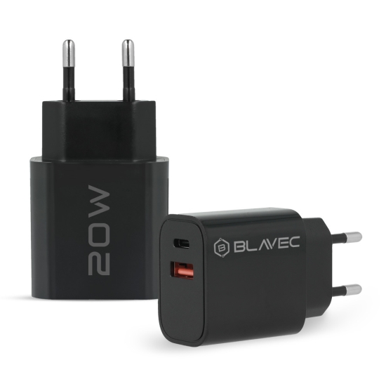 Blavec Ładowarka sieciowa BC-2 - USB + Typ C - QC 3.0 PD 20W z kablem Typ C na Typ C (TCBC2-UCB20+CC) czarna