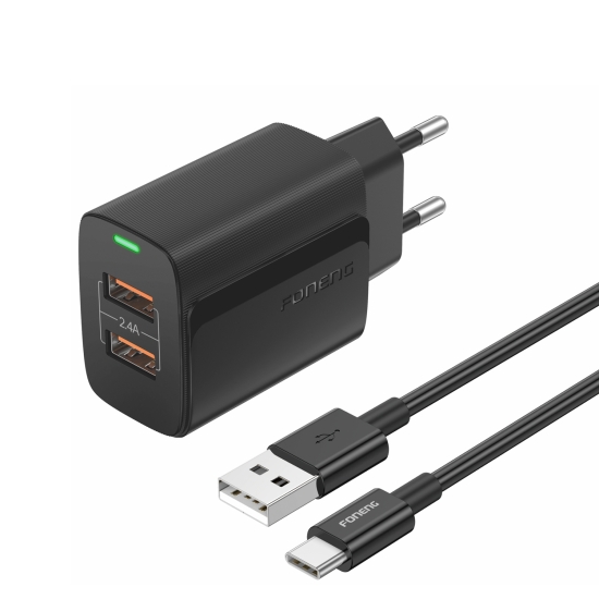 Foneng Ładowarka sieciowa EU63 - 2xUSB - 12W z kablem USB na Typ C czarna