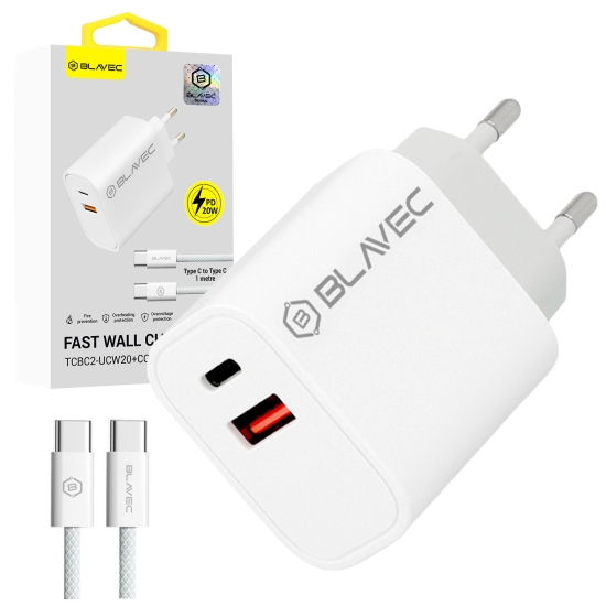 Blavec Ładowarka sieciowa BC-2 - USB + Typ C - QC 3.0 PD 20W z kablem Typ C na Typ C (TCBC2-UCW20+CC) biała