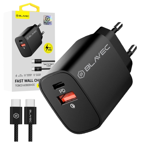 Blavec Ładowarka sieciowa BC-2 - USB + Typ C - QC 3.0 PD 20W z kablem Typ C na Typ C (TCBC2-UCB20+CC) czarna