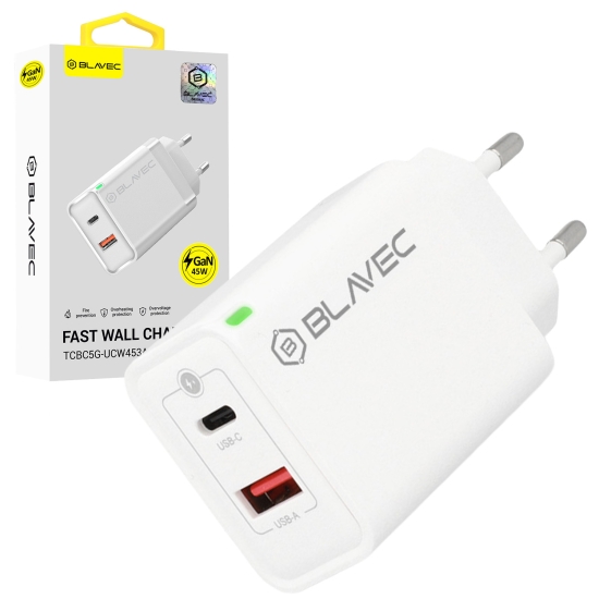 Blavec Ładowarka sieciowa BC-5 GaN - USB + Typ C - PD QC 45W 3A (TCBC5G-UCW453A) biała