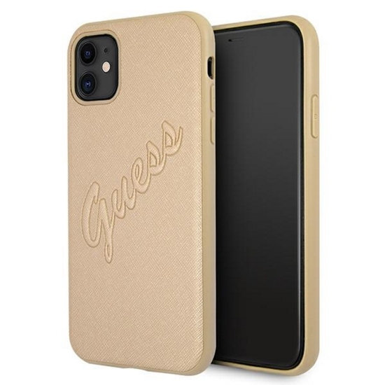 Guess nakładka do iPhone 12 Pro Max 6,7" GUHCP12LRSAVSLG złota hard case Saffiano Vintage Script