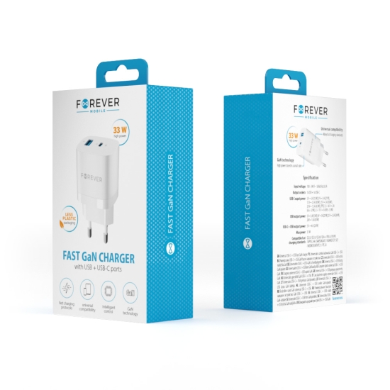 Forever ładowarka sieciowa GaN PD QC TC-05-33AC 1x USB-C + 1x USB 33W biała