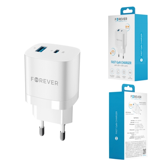 Forever ładowarka sieciowa GaN PD QC TC-05-33AC 1x USB-C + 1x USB 33W biała