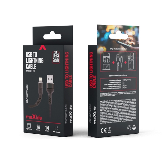 Maxlife kabel MXUC-01 USB - Lightning 1,0 m 2A czarny nylonowy