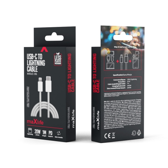 Maxlife kabel MXUC-06 USB-C - Lightning 1,0 m 20W szary nylonowy