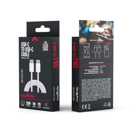 Maxlife kabel MXUC-06 USB-C - USB-C 1,0 m 20W fioletowy nylonowy