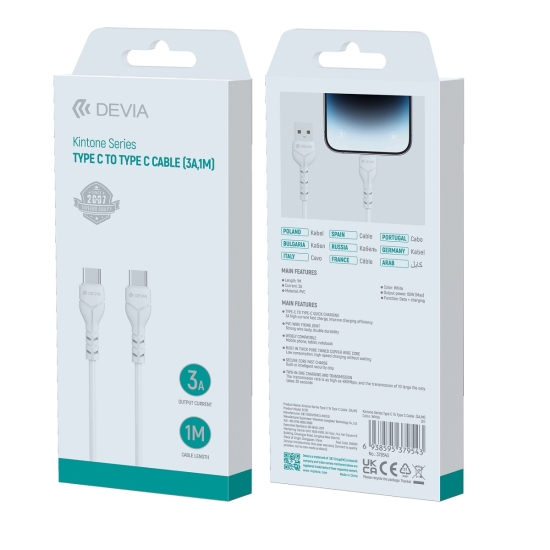 Devia kabel Kintone EC151 USB-C - USB-C 1,0 m 3A biały