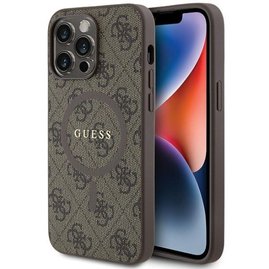 Guess nakładka do iPhone 13 Pro 6,1" GUHMP13LG4GFRW brązowa HC MAGSAFE PU 4G RING CLASSIC LOGO