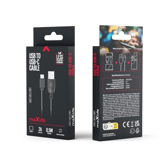 Maxlife kabel USB - USB-C 0,5 m 2A czarny