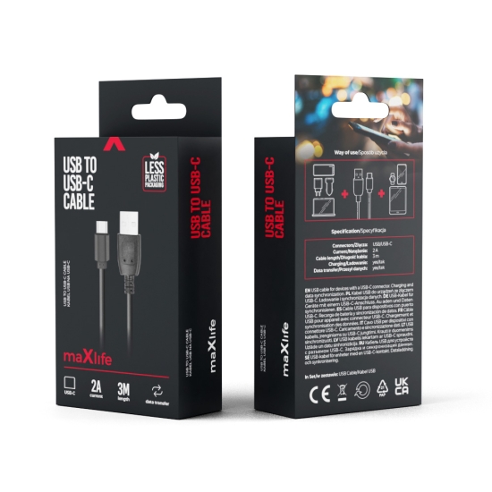 Maxlife kabel USB - USB-C 3,0 m 2A czarny