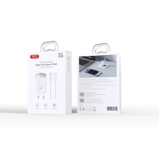 XO ładowarka sieciowa CE21 PD 30W 1x USB-C 1x USB biała + kabel USB-C - USB-C