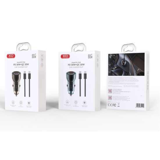 XO ładowarka samochodowa CC60 60W 1x USB 1x USB-C czarna + kabel USB-C - USB-C