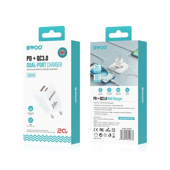 BWOO ładowarka sieciowa PD CDA156 1x USB-C 1x USB 20W biała
