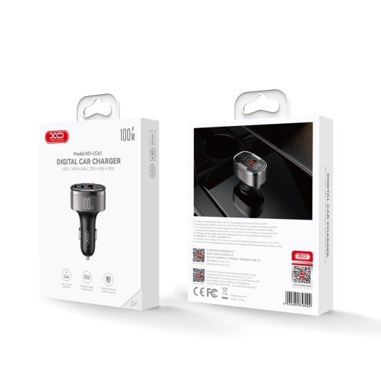 XO ładowarka samochodowa CC61 PD QC 3.0 100W 1x USB1x USB-C 1x Lightning szara