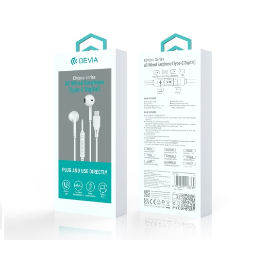 Devia słuchawki przewodowe Kintone A3 Digital USB-C douszne białe
