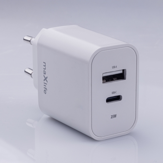 Maxlife ładowarka sieciowa PD QC MXTC-06-25AC 1x USB-C 1x USB 25W biała