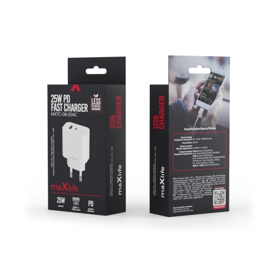 Maxlife ładowarka sieciowa PD QC MXTC-06-25AC 1x USB-C 1x USB 25W biała