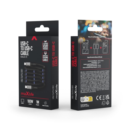 Maxlife kabel magnetyczny MXUC-11 USB-C - USB-C 1,0 m 100W czarny nylonowy