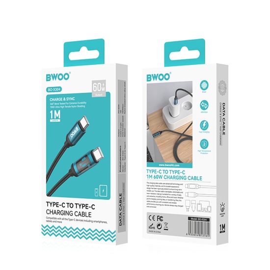 BWOO kabel USB-C - USB-C 1m 60W z wyświetlaczem led, pleciony, czarny
