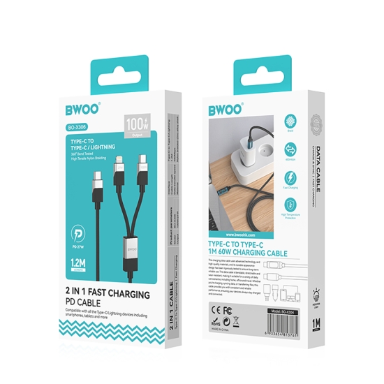 BWOO kabel Pleciony 2w1 USB-C - USB-C i Lightning 1m 100W/27W czarny
