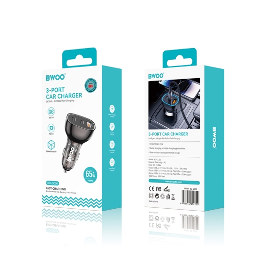 BWOO ładowarka samochodowa PD 2x USB-C 1x USB 68W czarna