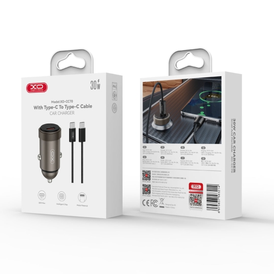 XO ładowarka samochodowa CC70 PD 30W 1x USB-C czarna + kabel USB-C - USB-C