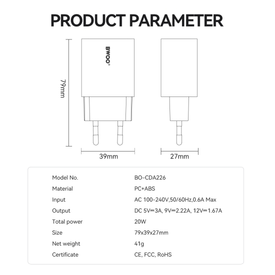 BWOO ładowarka sieciowa 20W CDA226 QC 1x USB-C biała