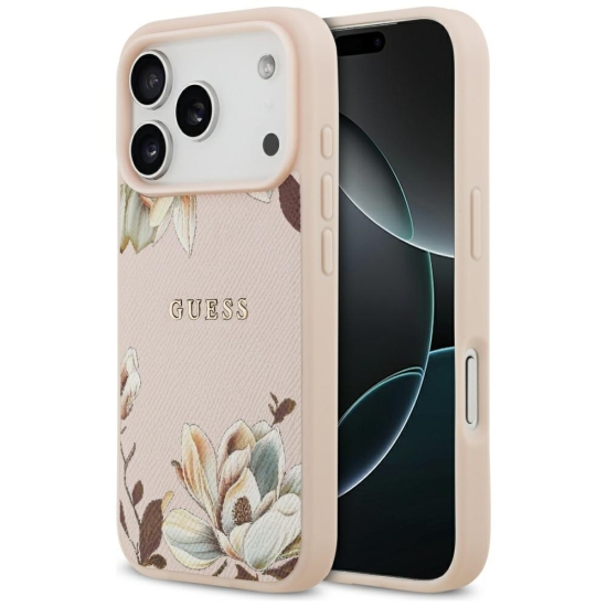 Guess Nakładka Magsafe Grained PU Case With Printed Flower Pattern Do iPhone 17 Pro Max Różowa