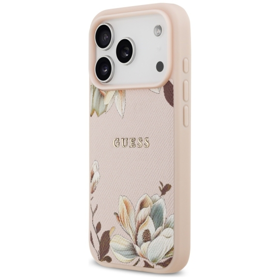 Guess Nakładka Magsafe Grained PU Case With Printed Flower Pattern Do iPhone 17 Pro Max Różowa