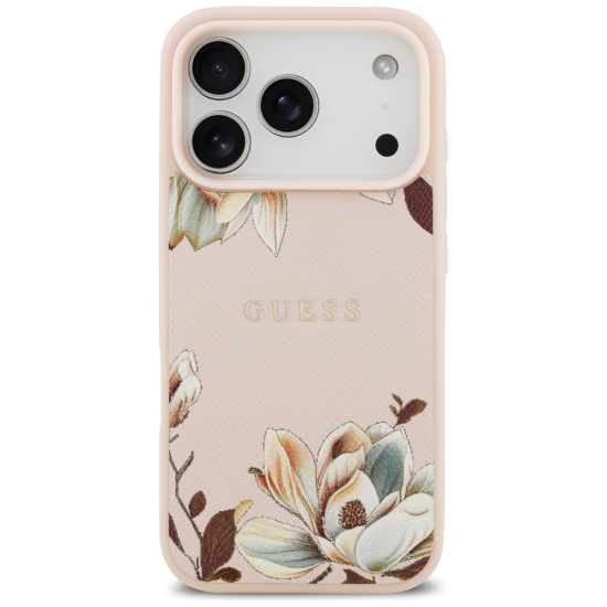 Guess Nakładka Magsafe Grained PU Case With Printed Flower Pattern Do iPhone 17 Pro Max Różowa
