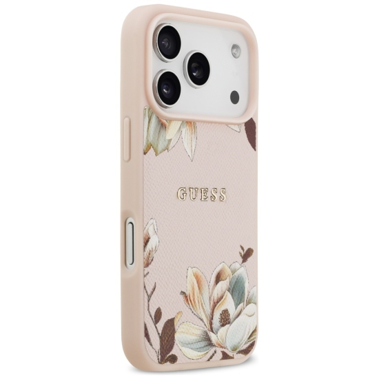 Guess Nakładka Magsafe Grained PU Case With Printed Flower Pattern Do iPhone 17 Pro Max Różowa