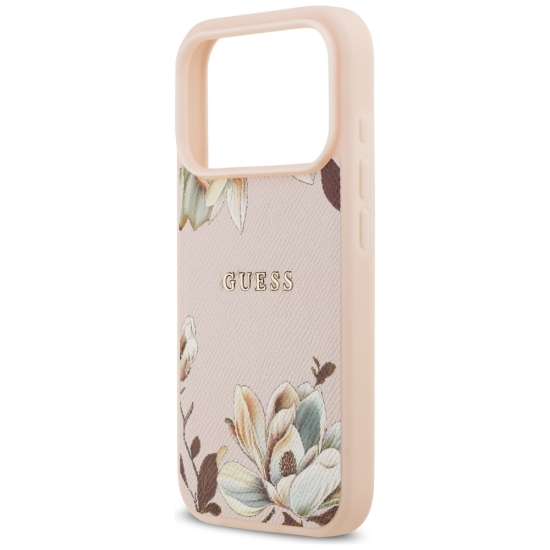 Guess Nakładka Magsafe Grained PU Case With Printed Flower Pattern Do iPhone 17 Pro Max Różowa