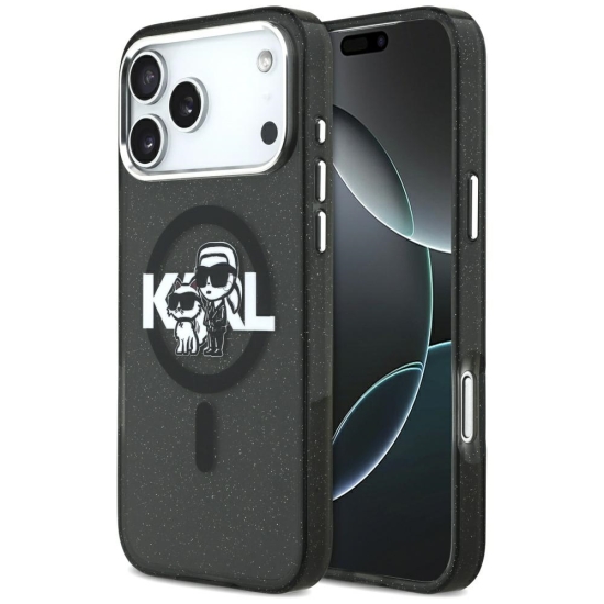 Karl Lagerfeld nakładka Magsafe IML glitter case metal camera frame and buttons Karl and Choupette sketch logo do iPhone 17 Pro Max transparentna